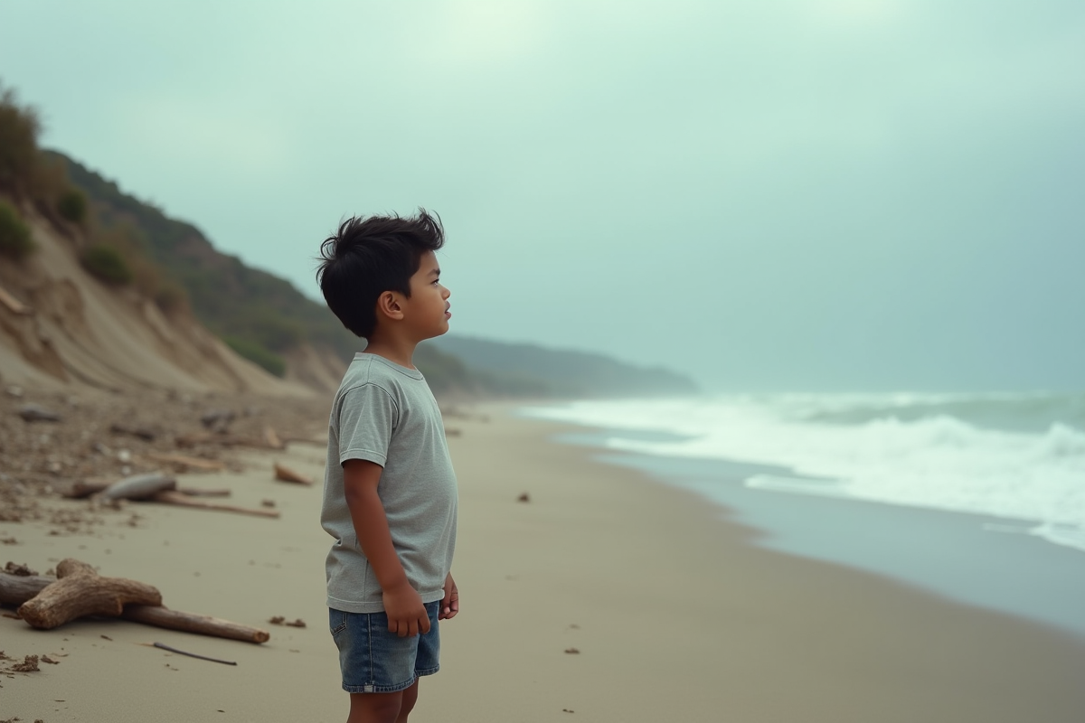 Jeune garçon regardant la mer sur une plage polluée