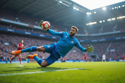Gardien en action effectuant un plongeon lors d'un match à Dunkerque