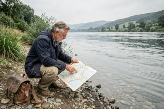 Géographe étudiant une carte topographique du Danube sur les berges rocailleuses du fleuve