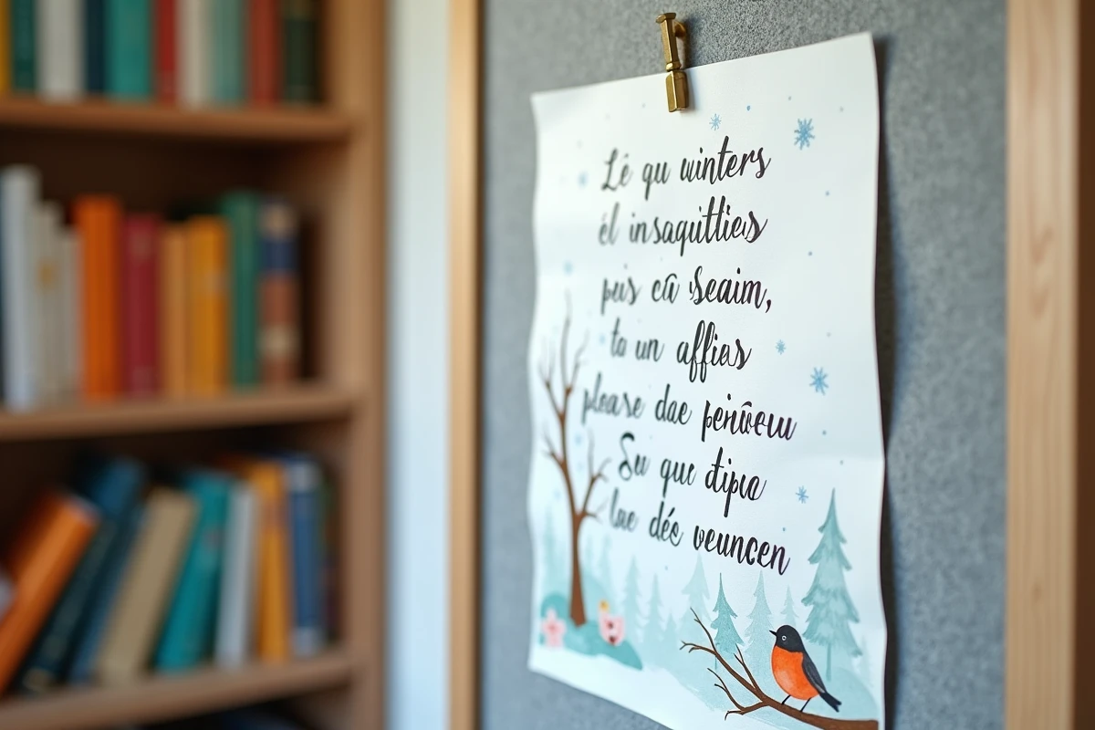 Gros plan sur une affiche poésie hivernale illustrée en aquarelle avec calligraphie noire sur papier texturé