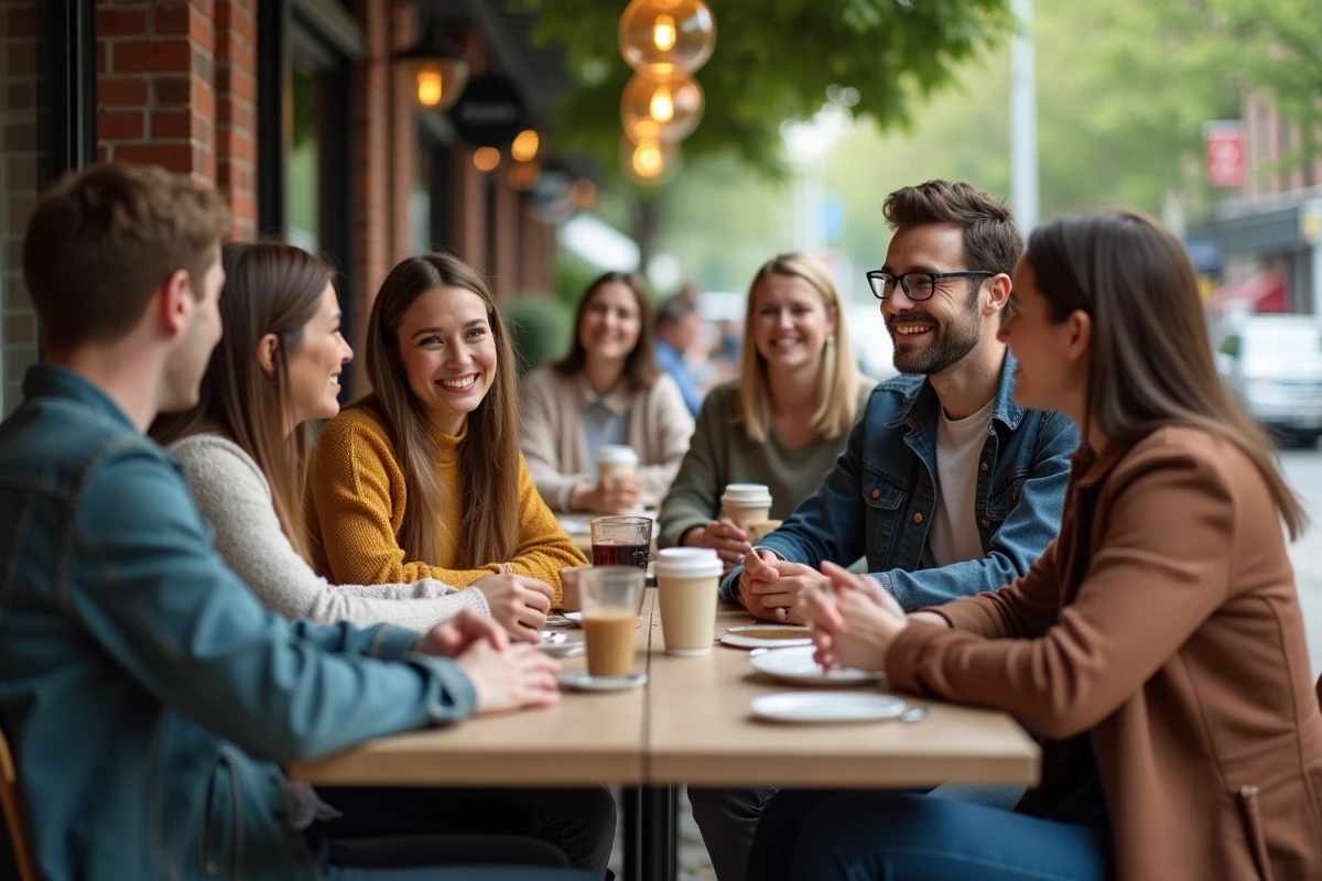 Groupe d adultes discutant dans un café en plein air