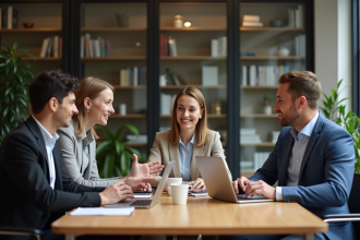 Groupe de quatre adultes en réunion dans un bureau moderne