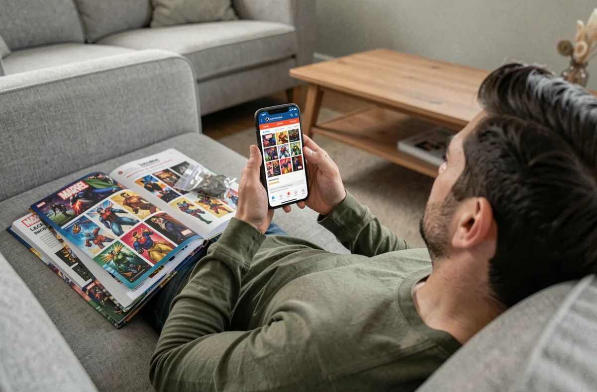 Homme consultatant un groupe d'échange de vignettes Marvel Leclerc 2026 sur son smartphone depuis son canapé avec l'album ouvert