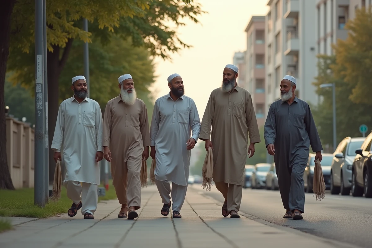 Groupe d'hommes musulmans marchant vers la mosquée pour la salat al-jumu'a dans les rues de Bezons