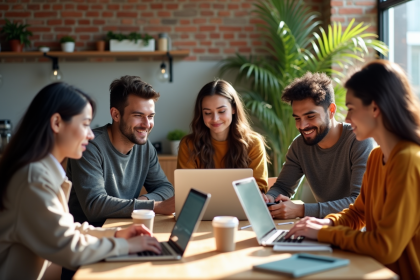 Groupe de jeunes adultes dans une cuisine urbaine lumineuse