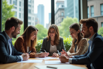 Groupe diversifié en réunion de travail dans un bureau moderne