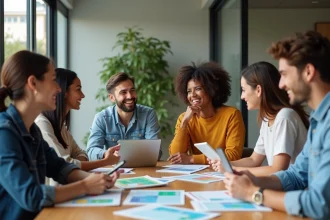 Groupe diversifié en réunion de travail en bureau moderne