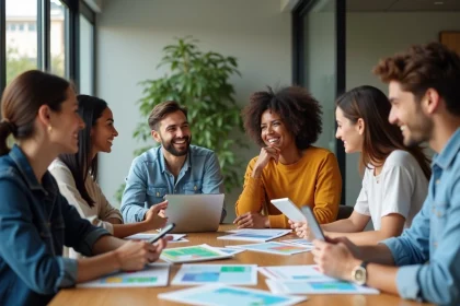 Groupe diversifié en réunion de travail en bureau moderne