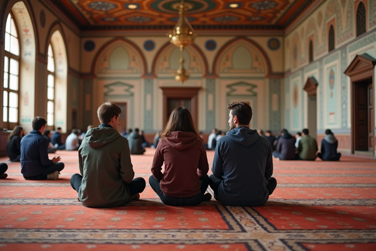 Groupe de jeunes dans la salle de priere de la mosquee