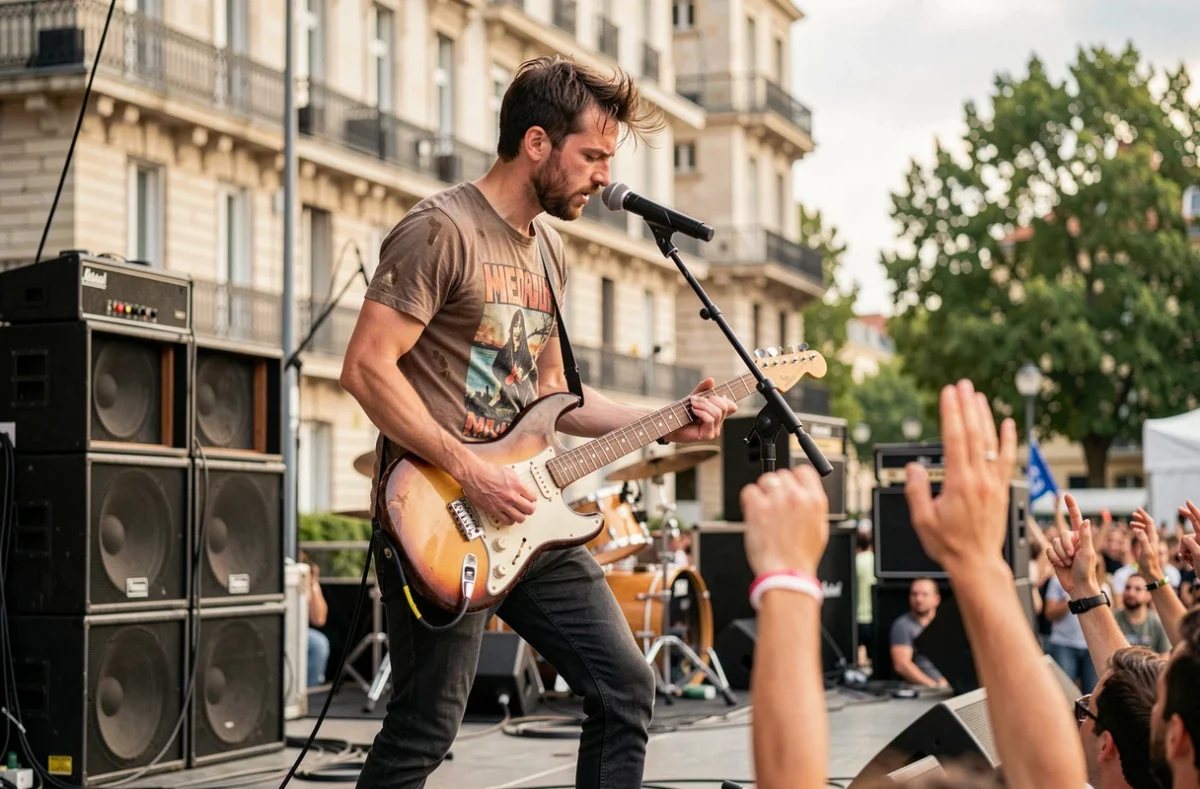 Guitariste masculin en concert sur une scène de festival de musique à Lyon devant un public enthousiaste