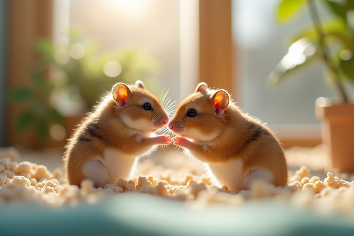 Hamsters russes en interaction dans un enclos propre