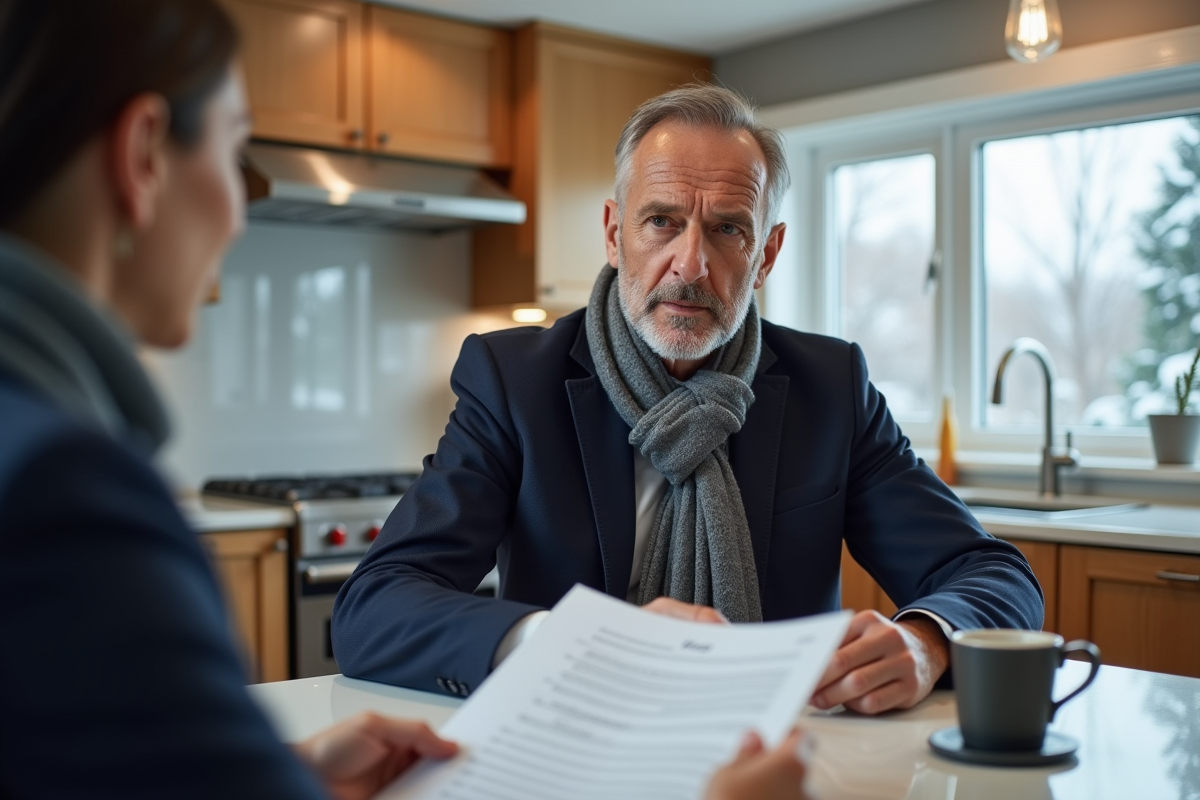 Homme français examine documents dans cuisine moderne canadienne