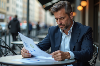 Homme d'affaires en terrasse urbaine analysant des documents financiers