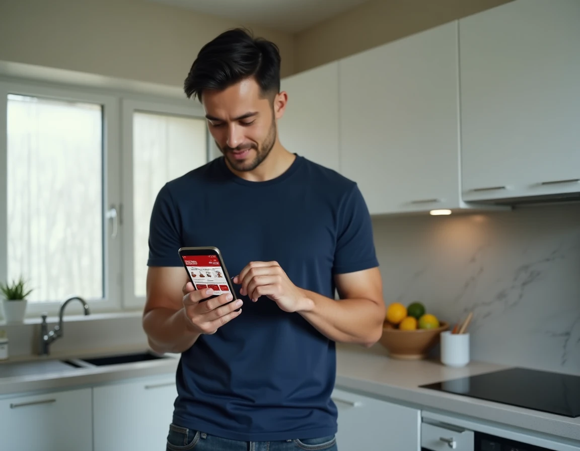 Homme consultant l'application Hacoo sur smartphone dans une cuisine moderne pour trouver des promotions