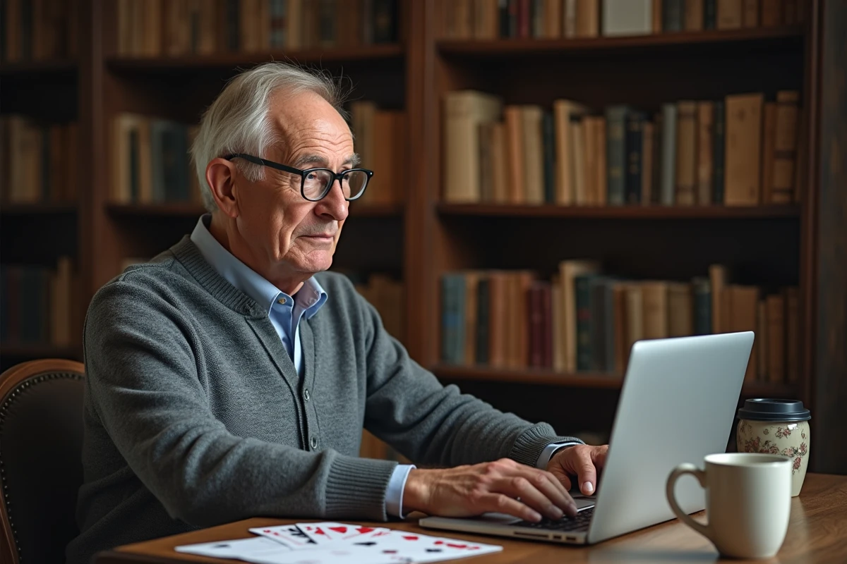 Un homme senior jouant à la Belote à 2 en vidéo sur un ordinateur portable dans un bureau à domicile vintage avec des livres en arrière-plan