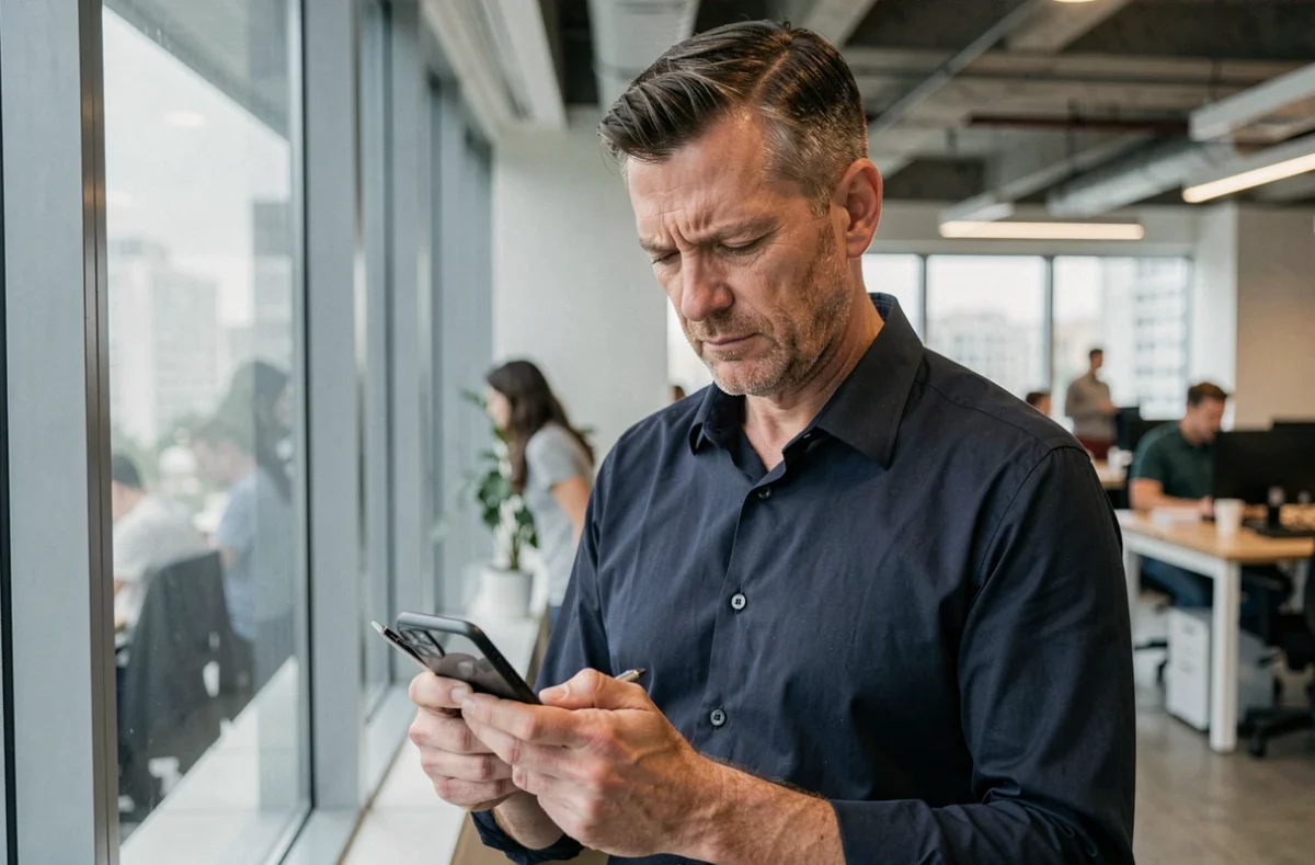 Homme d'affaires en bureau moderne examinant un appel entrant avec numéro caché sur son téléphone portable