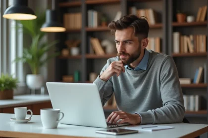 Homme pensif au bureau avec un café dans un intérieur moderne
