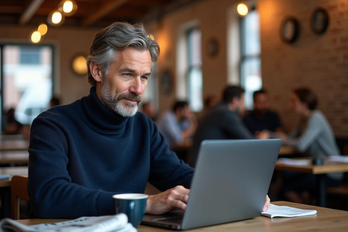 Homme dans un café de Brooklyn consultant un outil de conversion d'heure sur son ordinateur portable pour organiser des appels internationaux depuis New York