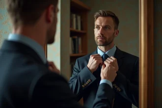 Homme en costume ajusté faisant un nœud de cravate dans un bureau élégant