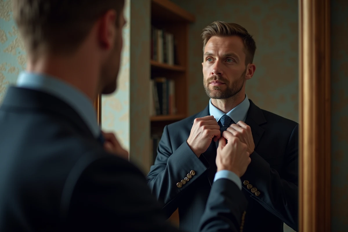 Homme en costume ajusté faisant un nœud de cravate dans un bureau élégant