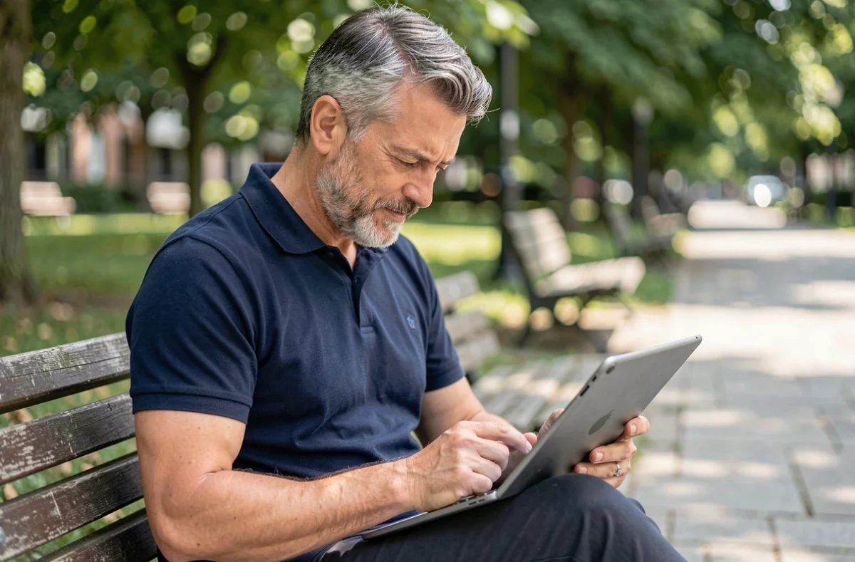 Homme d'âge moyen résolvant un mot de passe CodyCross sur tablette dans un parc urbain