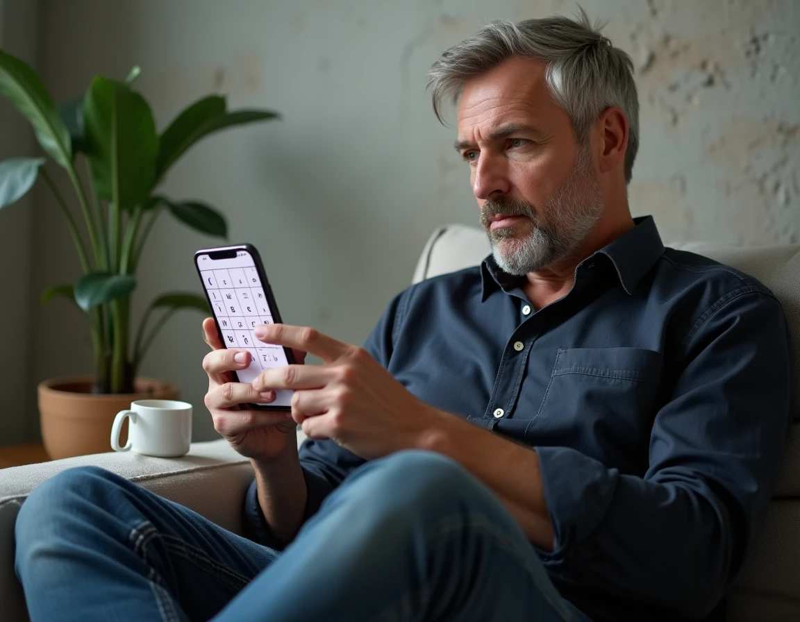 Homme concentré sur son téléphone essayant de résoudre une énigme lexicale sans trouver de réponse évidente