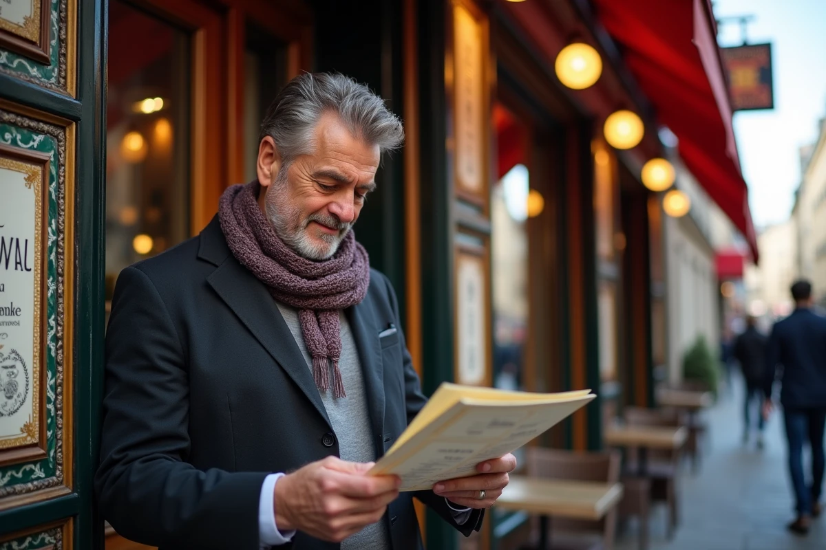 Homme en blazer consulte un menu devant la brasserie parisienne