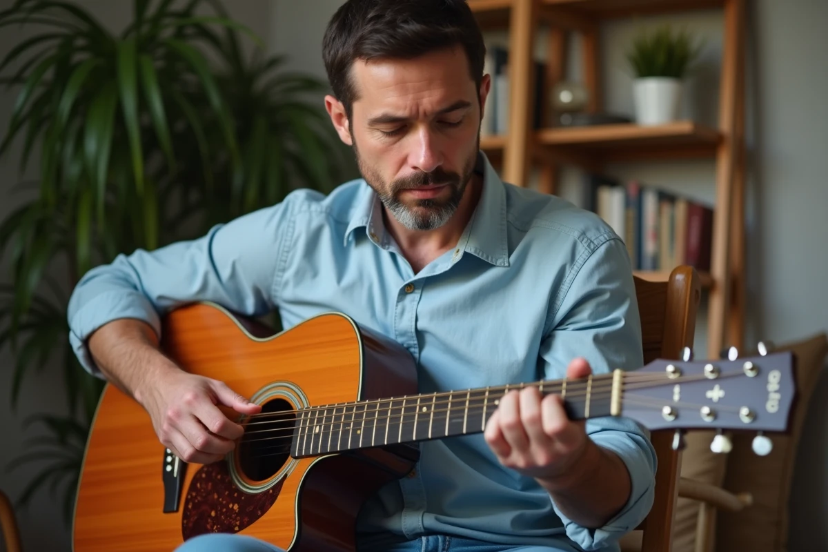 Homme d'âge moyen jouant de la guitare dans un salon chaleureux