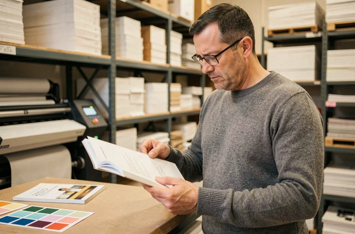 Homme en imprimerie comparant un livret relié et une brochure agrafée au comptoir