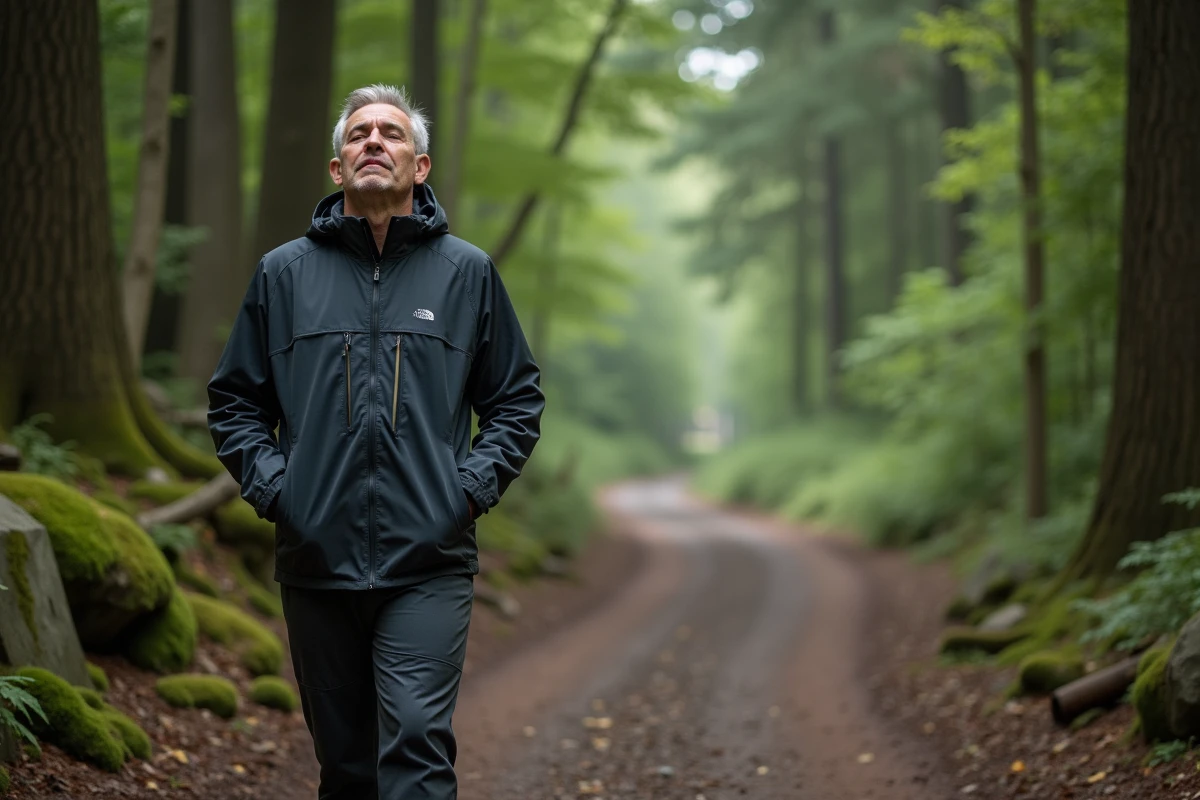 Homme en pleine marche dans la forêt en pleine nature