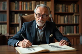 Portrait d'un homme élégant étudiant des croquis de mode anciens