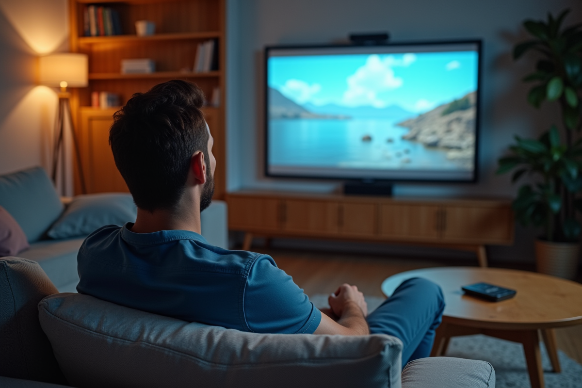 Homme détendu regarde un film dans un salon cosy