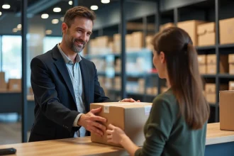 Homme professionnel remettant un colis à une employée dans un relais colis