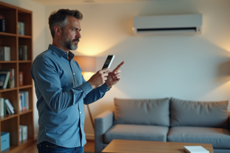 Homme d'âge moyen utilisant une télécommande de climatisation dans un salon