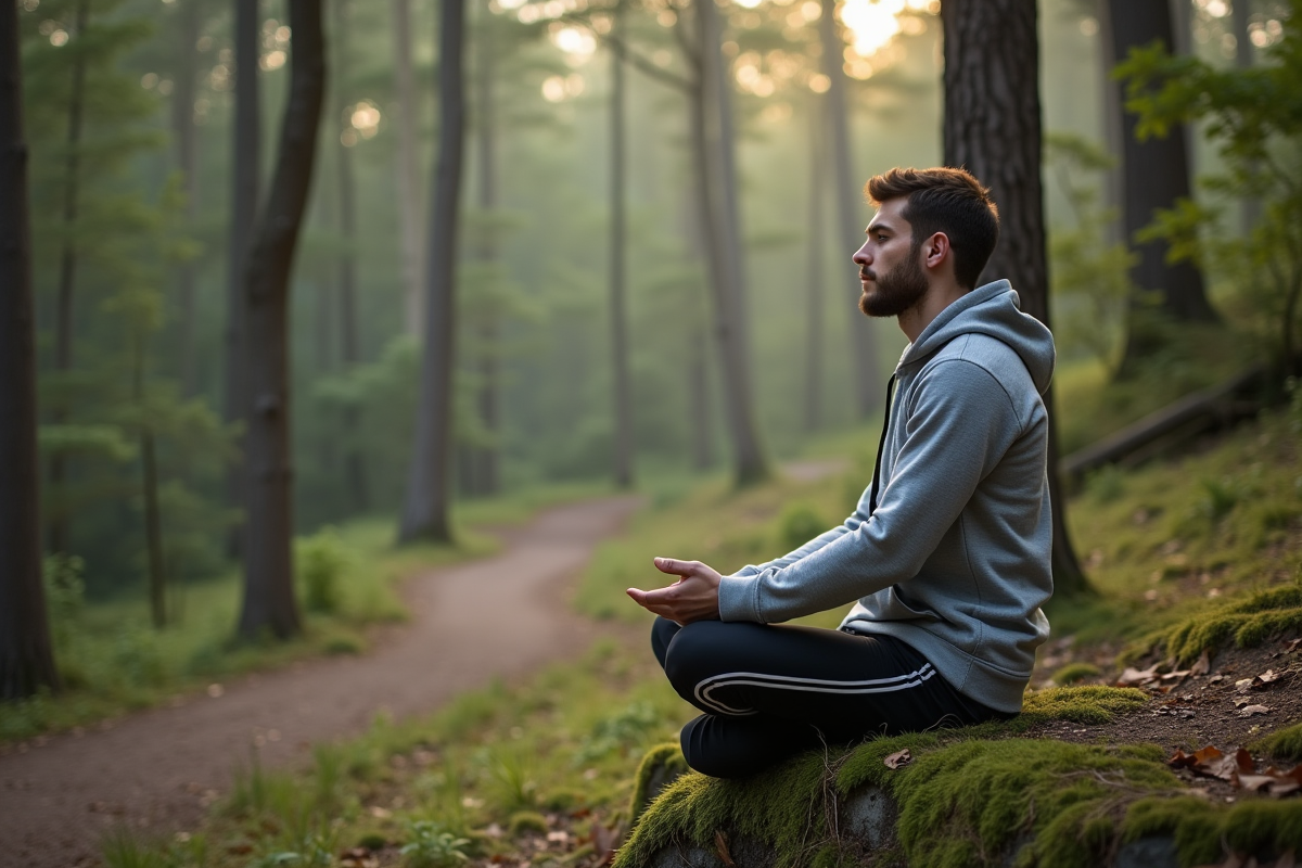 Jeune homme méditant en nature au bord d