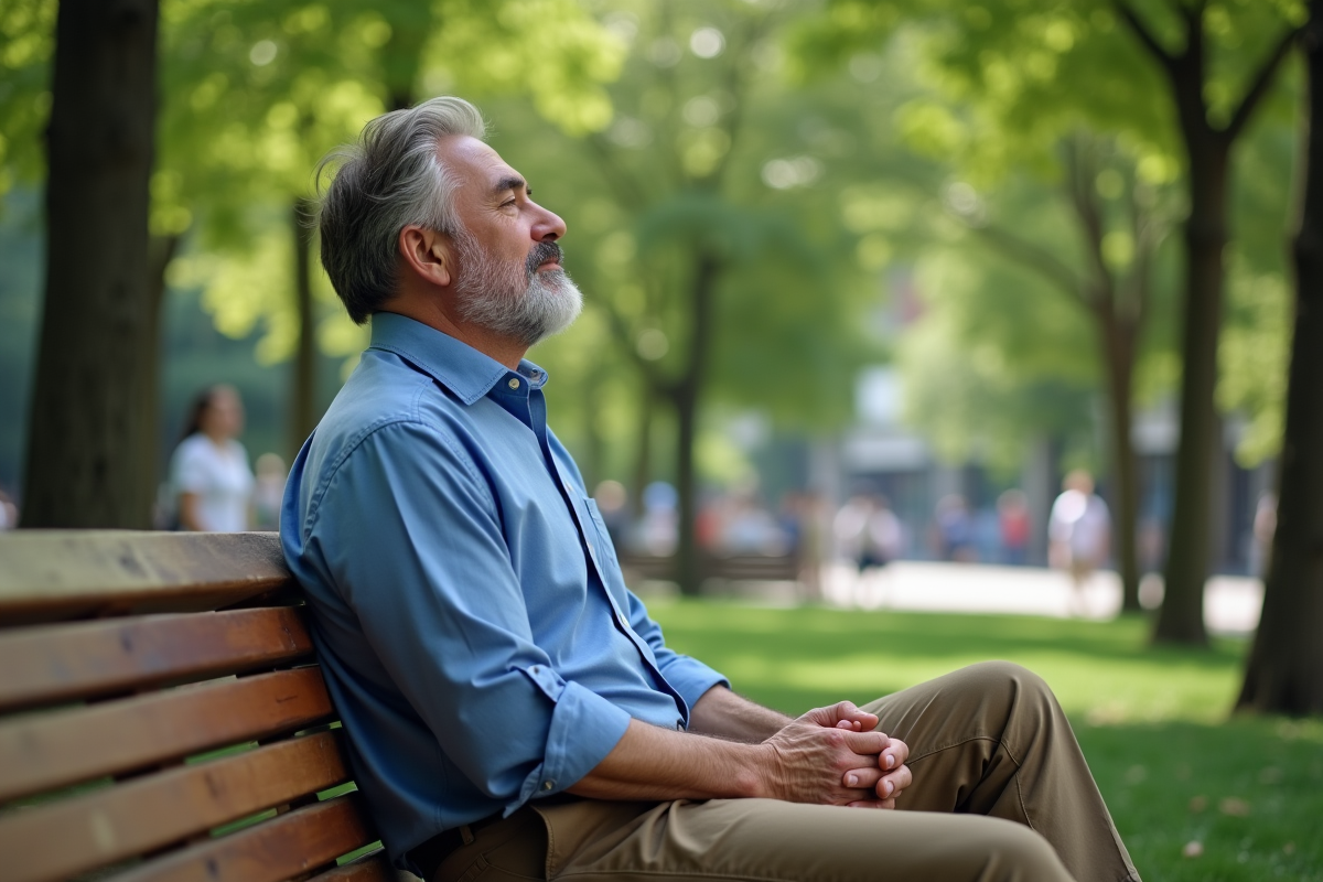 Homme assis sur un banc dans un parc urbain calme