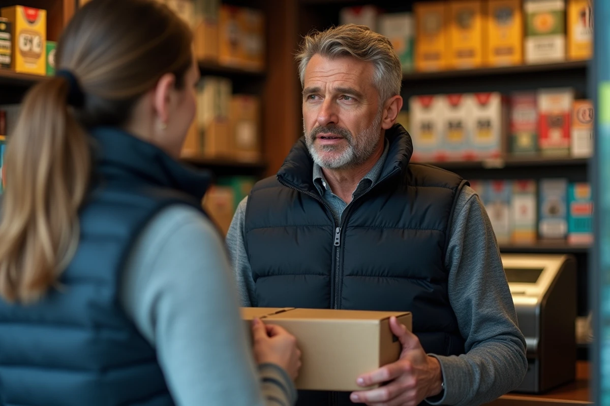 Homme récupérant un colis Colissimo auprès d'un commerçant dans un bureau de tabac français