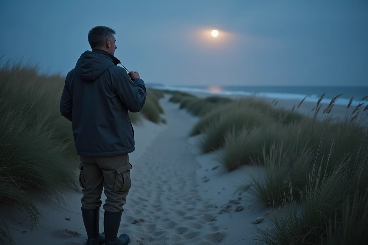 Homme attachant un sifflet dans un paysage de dunes et plage