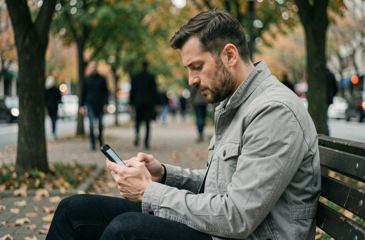 Homme seul sur un banc de parc consultant une application de discussion en ligne sur son smartphone en milieu urbain
