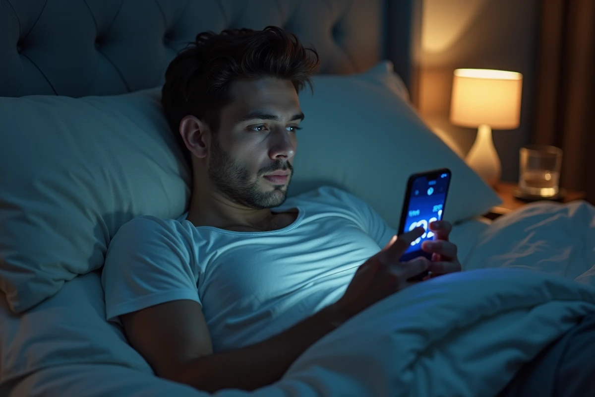 Homme allongé dans son lit la nuit regardant un smartphone affichant 23h23, symbolisant le doute et la signification des heures miroirs