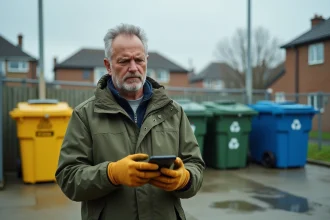 Homme consultant son smartphone devant une déchetterie moderne avec des bacs de tri colorés, air sceptique