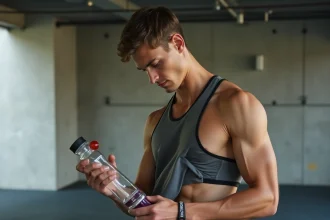 Jeune homme sportif remplissant une bouteille Air Up dans une salle de sport moderne avec murs en béton