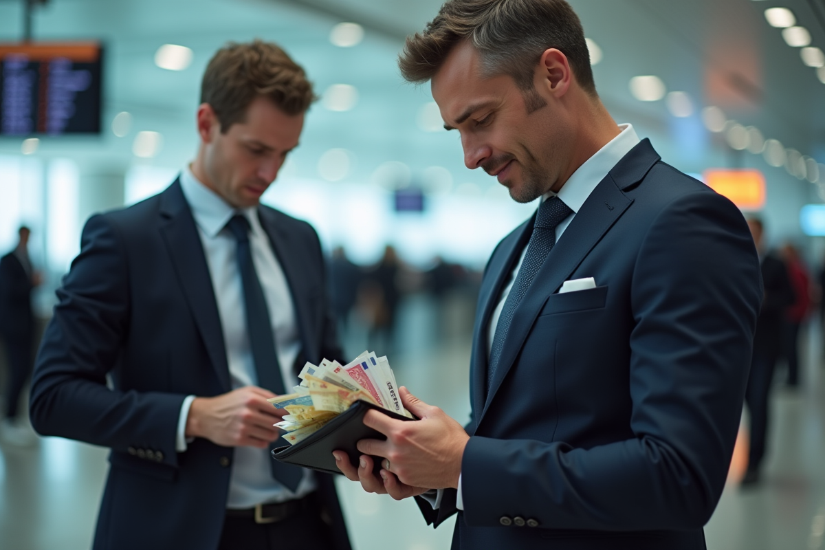 Homme en costume navy à l'aéroport avec portefeuille rempli de billets
