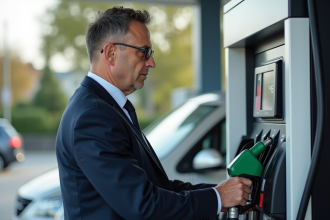 Homme d'affaires vérifiant la pompe à essence d'une voiture hybride diesel