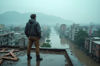 Homme en équipement trempé face à une ville inondée