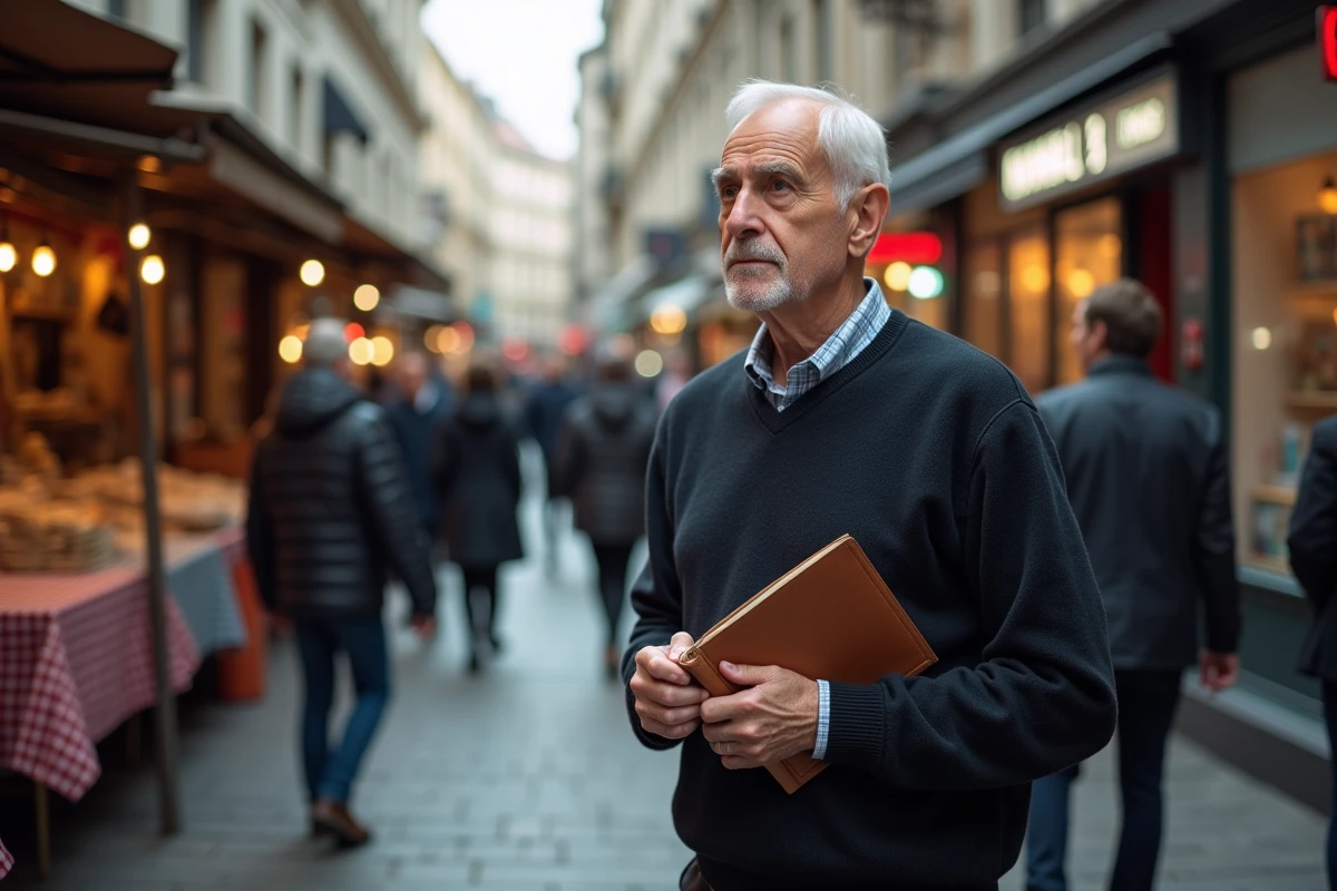 Homme &acirc;g&eacute; observant le march&eacute; urbain avec guide de chiromancie