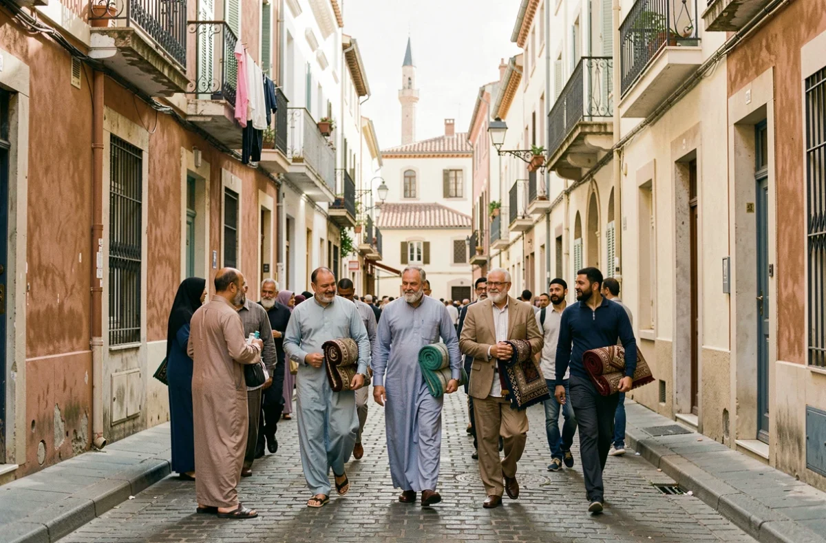 Groupe d'hommes musulmans se dirigeant vers la mosquée pour la prière de joumoua dans les rues de Marseille