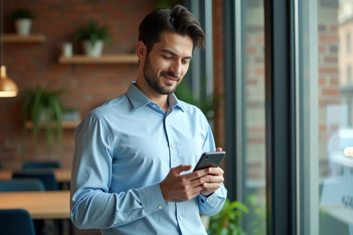 Jeune professionnel composant un appel vers l'Allemagne avec l'indicatif 0049 dans un espace de coworking moderne