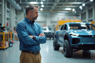 Ingénieur automobile examinant un véhicule électrique futuriste