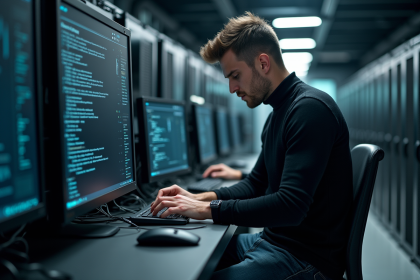 Jeune ingénieur en turtleneck code dans un centre de données moderne